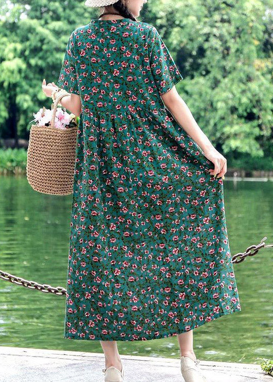 Style Blackish Green O-Neck Print Wrinkled Linen Dress Short Sleeve - Image 4