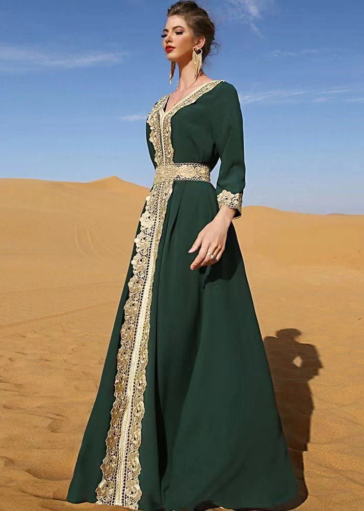 Style Blackish Green Patchwork High Waist Long Holiday Dress Fall - Image 2