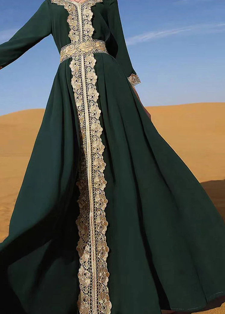 Style Blackish Green Patchwork High Waist Long Holiday Dress Fall - Image 4