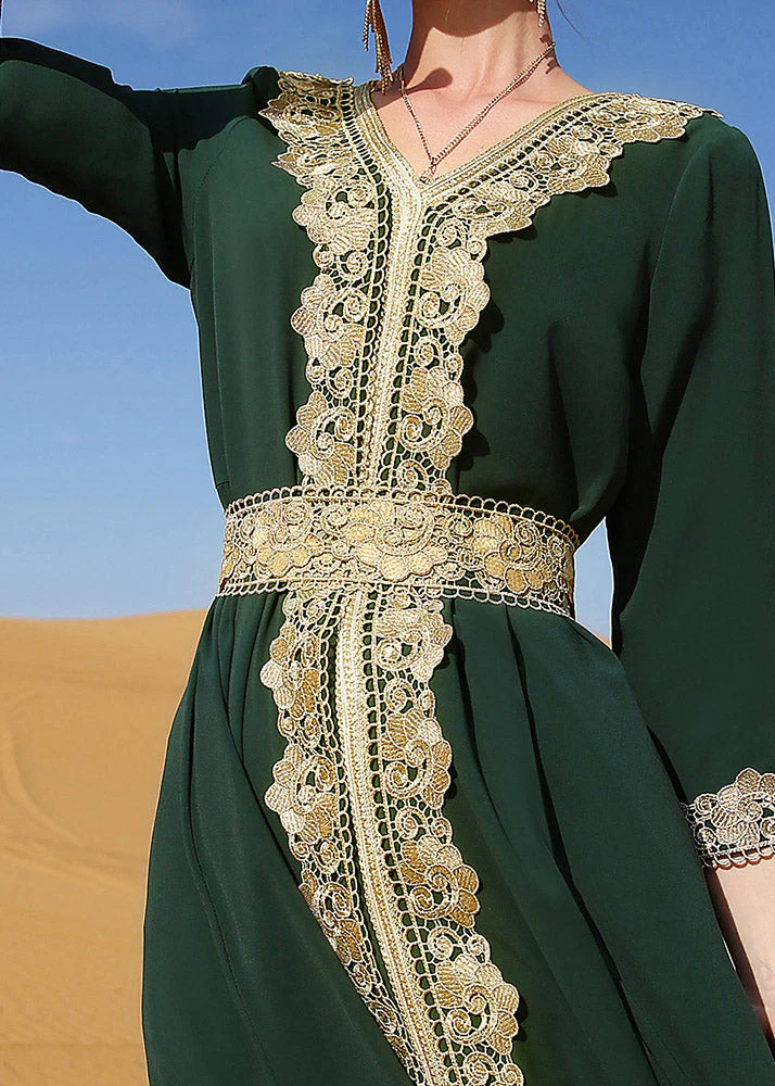 Style Blackish Green Patchwork High Waist Long Holiday Dress Fall - Image 5