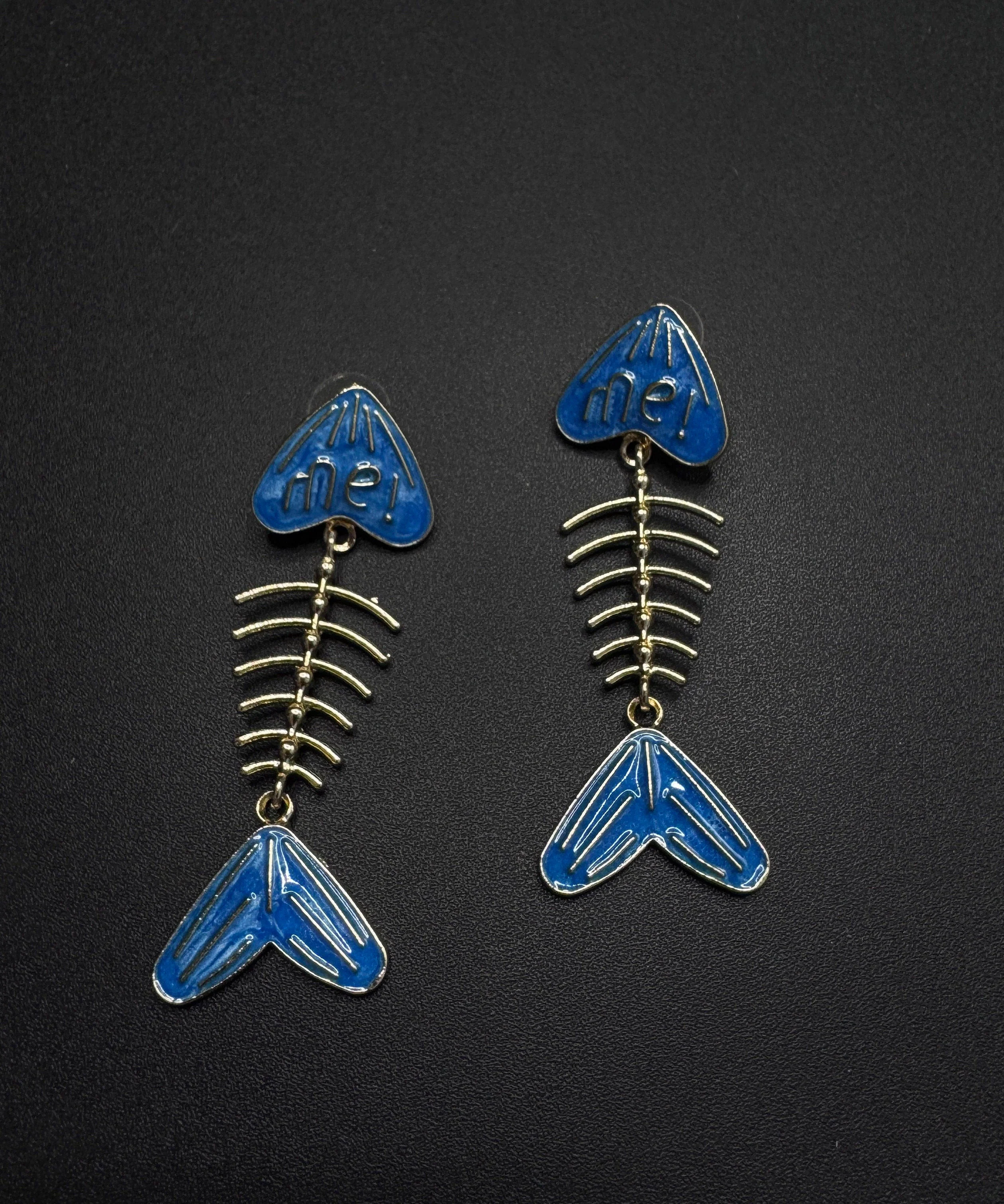 Style Blue Alloy Drip Glaze Fish Bone Stud Earrings - Image 3