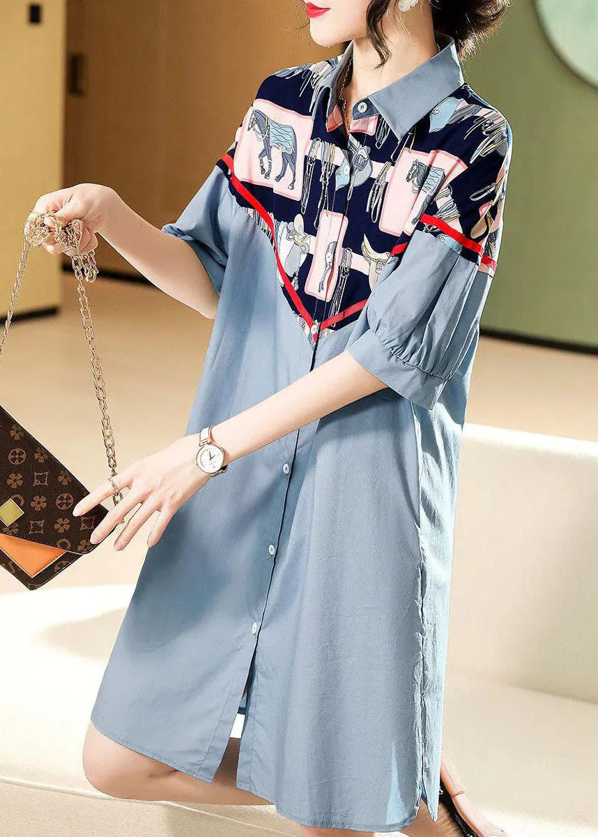 Style Blue button Peter Pan Collar print Patchwork shirt Dresses Half Sleeve - Image 2