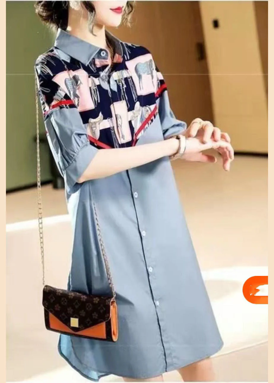 Style Blue button Peter Pan Collar print Patchwork shirt Dresses Half Sleeve - Image 3