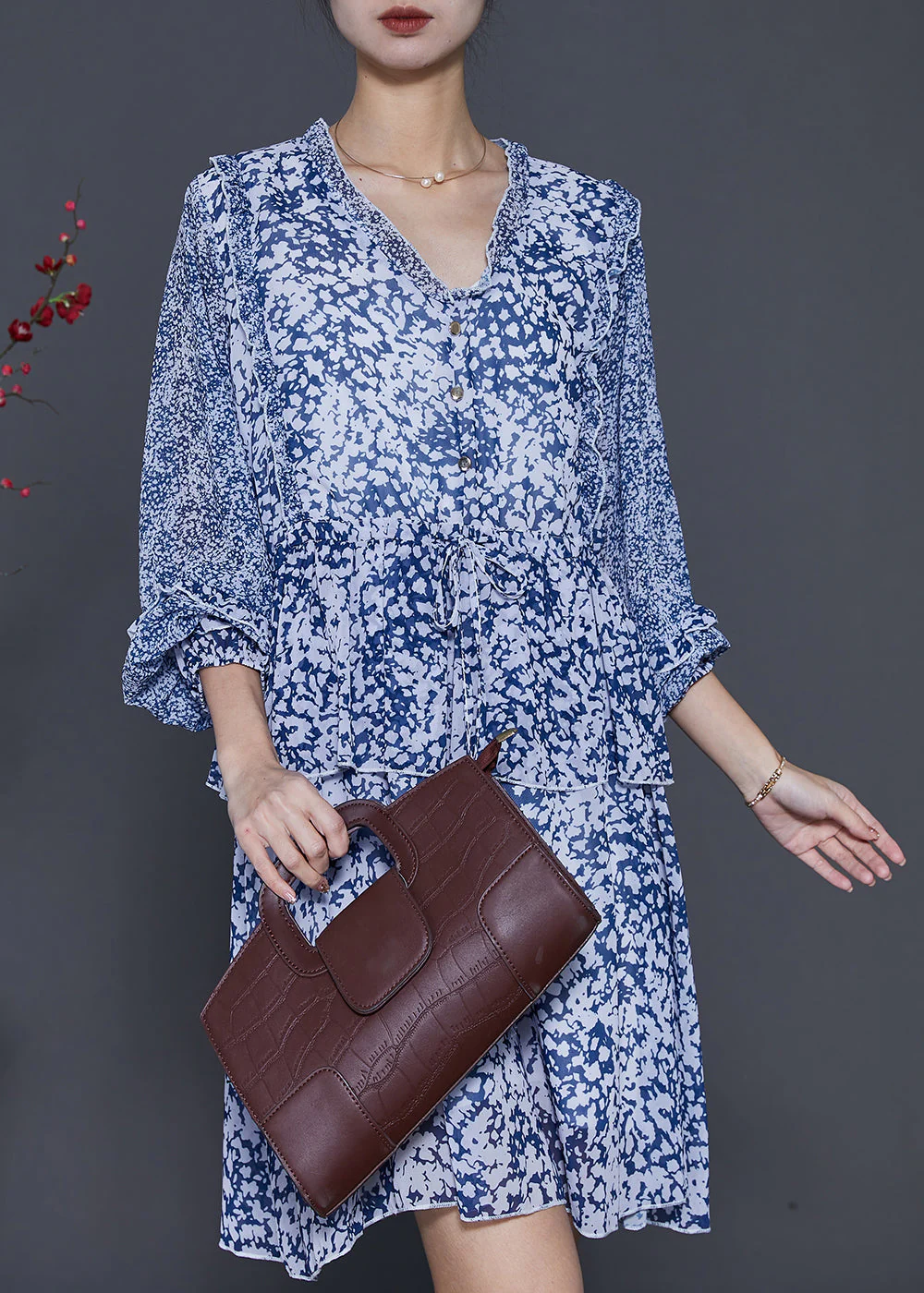 Style Blue Cinched Print Chiffon Vacation Dresses Spring - Image 2
