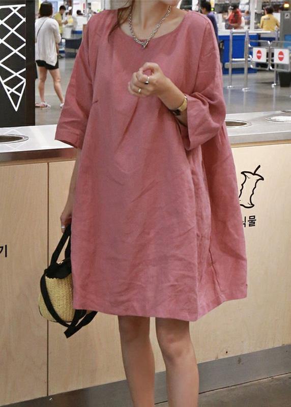 Style Blue cotton linen outfit o neck Cinched A Line summer Dresses - Image 3