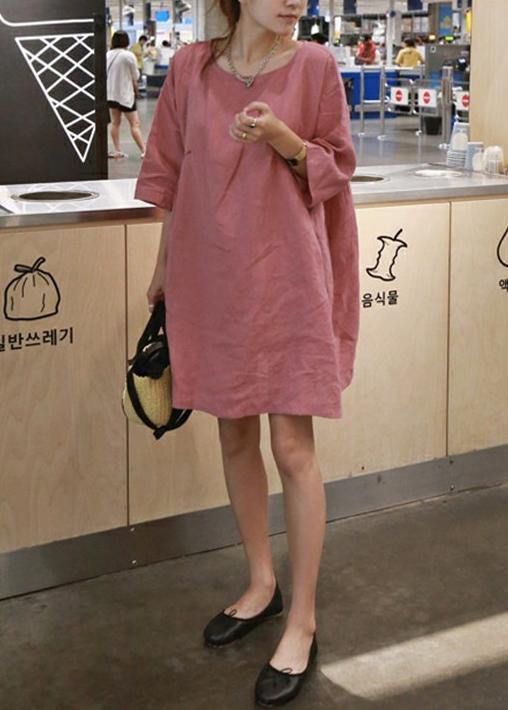 Style Blue cotton linen outfit o neck Cinched A Line summer Dresses - Image 4