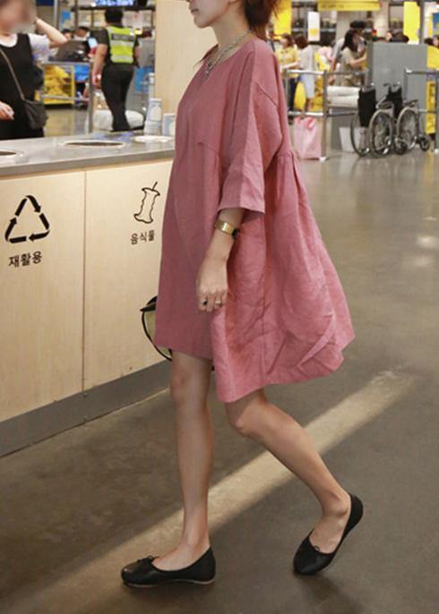 Style Blue cotton linen outfit o neck Cinched A Line summer Dresses - Image 5