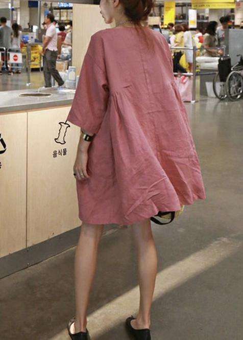 Style Blue cotton linen outfit o neck Cinched A Line summer Dresses - Image 6