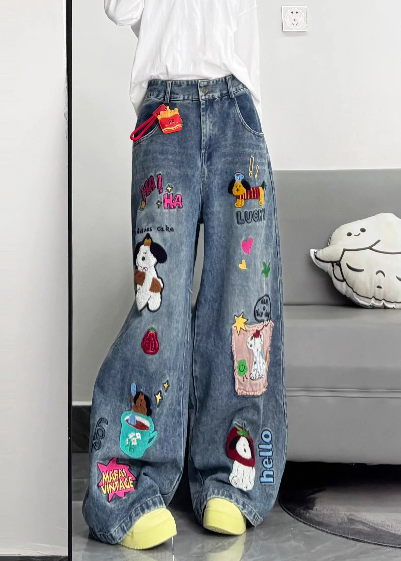 Style Blue Embroidered Patchwork Dog Applique Denim Straight Pants Spring - Image 2