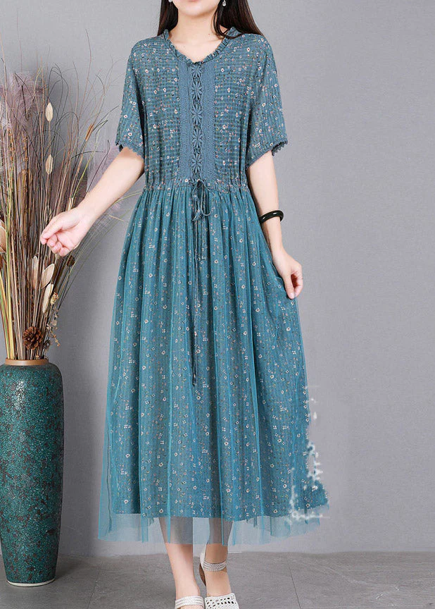 Style Blue Embroideried Floral Ruffles Tulle Long Dresses Short Sleeve - Image 2