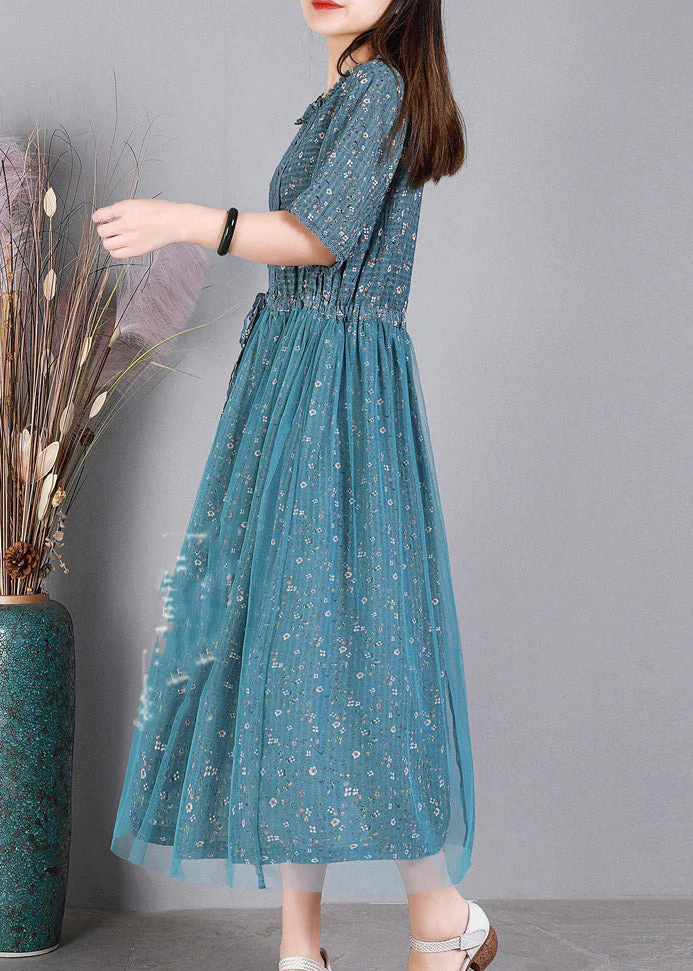 Style Blue Embroideried Floral Ruffles Tulle Long Dresses Short Sleeve - Image 3
