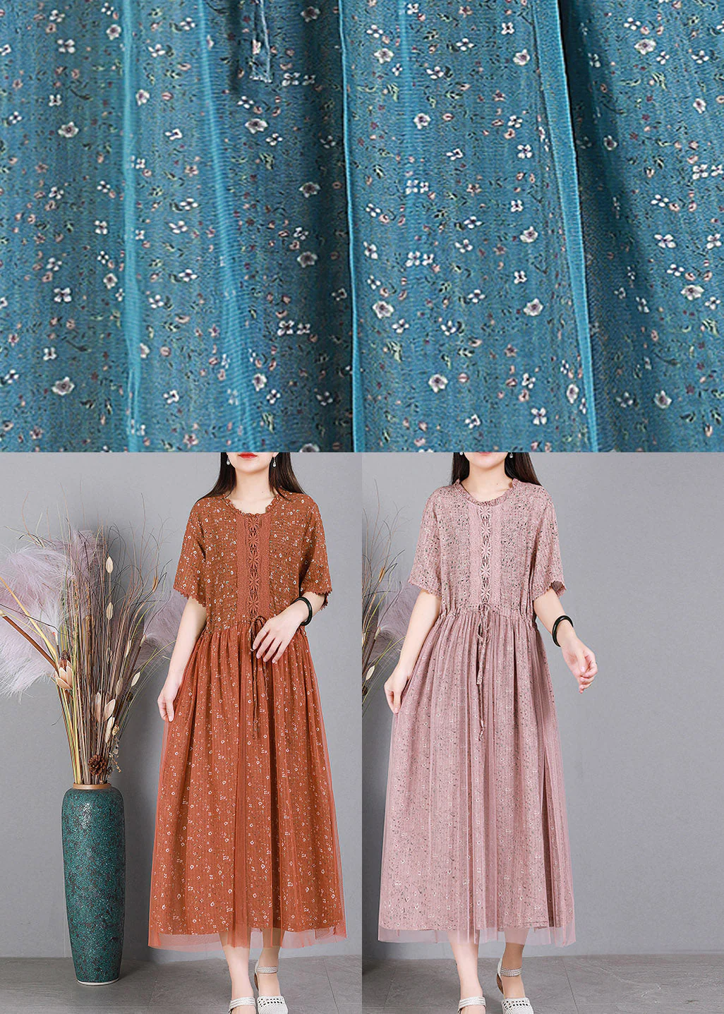 Style Blue Embroideried Floral Ruffles Tulle Long Dresses Short Sleeve - Image 4