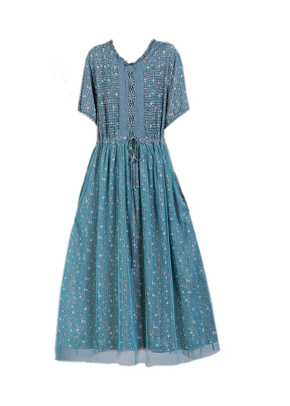 Style Blue Embroideried Floral Ruffles Tulle Long Dresses Short Sleeve - Image 5