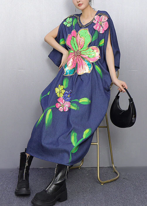 Style Blue Floral Nail Bead Denim Holiday Dress Summer - Image 3