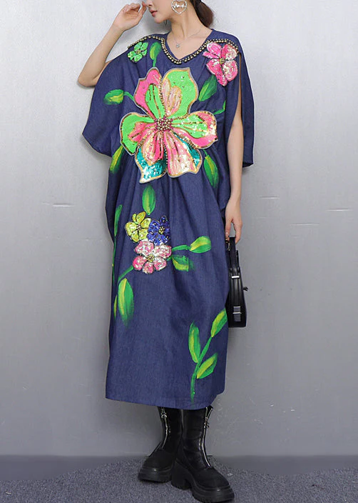 Style Blue Floral Nail Bead Denim Holiday Dress Summer - Image 4