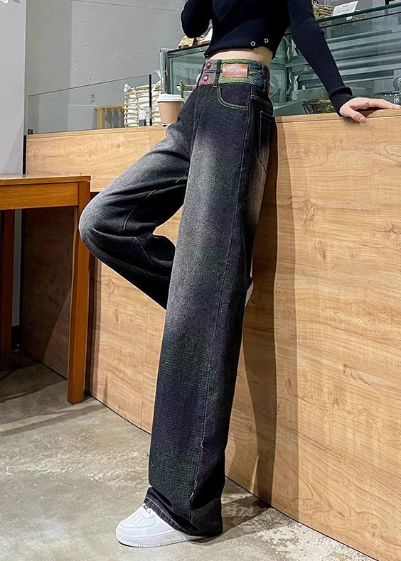 Style Blue High Waist Patchwork Denim Straight Pants Spring - Image 3