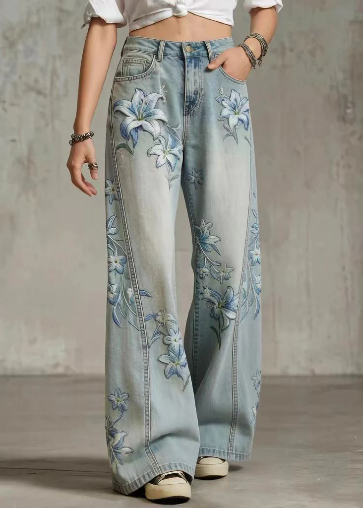 Style Blue High Waist Print Denim Straight Pants Spring - Image 5