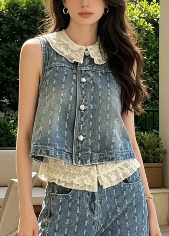 Style Blue Jacquard Patchwork Lace Denim Two Pieces Set Sleeveless - Image 2