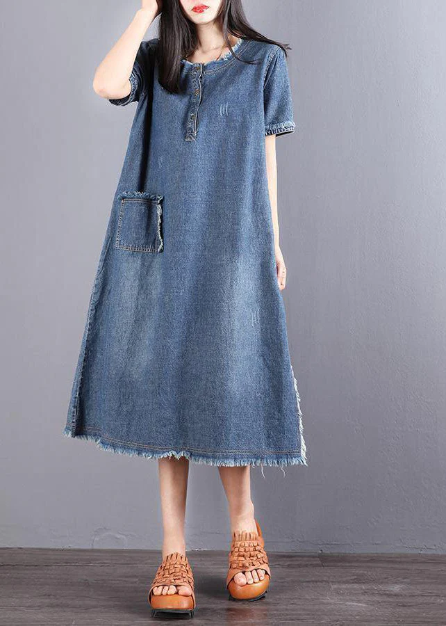 Style Blue O-Neck Tassel Pocket Side Open Cotton Vacation Denim Dresses Short Sleeve - Image 2