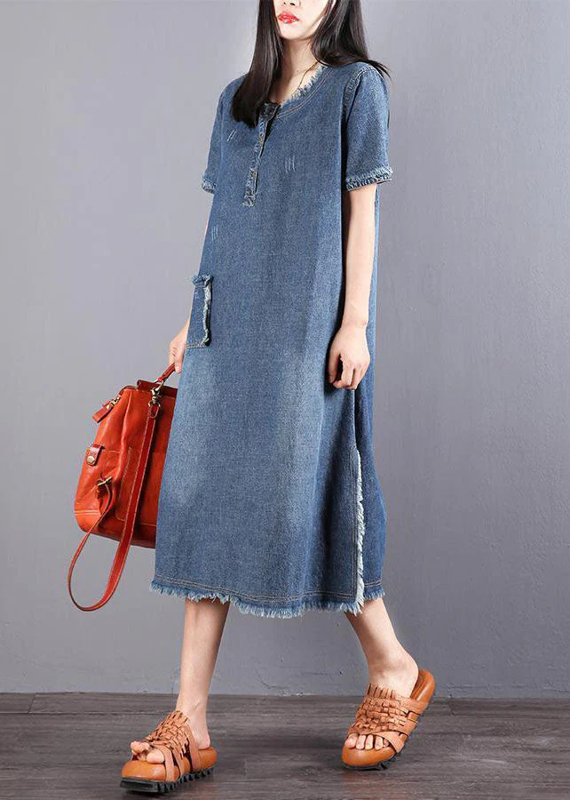 Style Blue O-Neck Tassel Pocket Side Open Cotton Vacation Denim Dresses Short Sleeve - Image 3