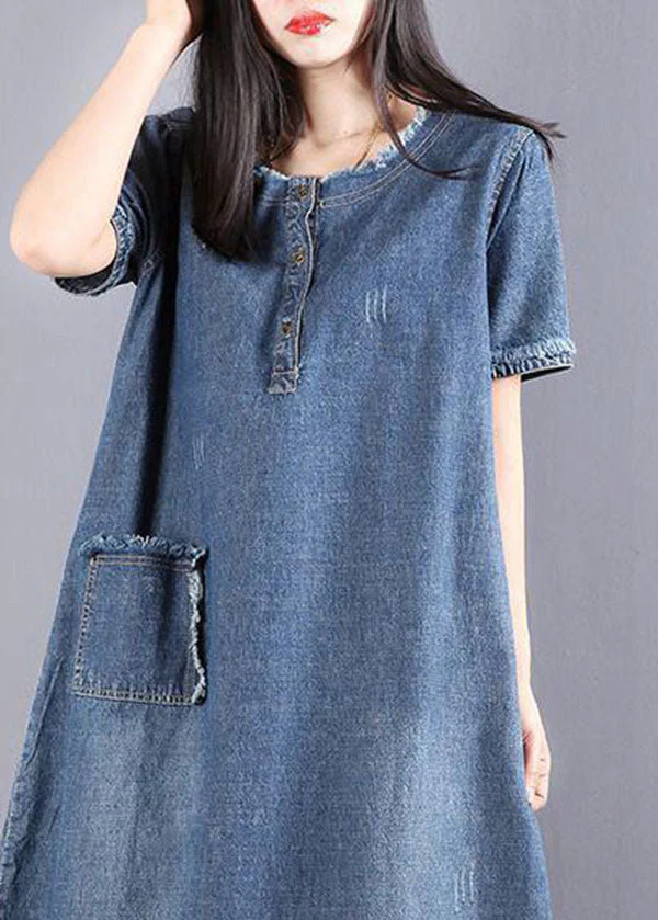 Style Blue O-Neck Tassel Pocket Side Open Cotton Vacation Denim Dresses Short Sleeve - Image 4