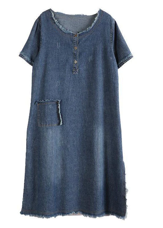 Style Blue O-Neck Tassel Pocket Side Open Cotton Vacation Denim Dresses Short Sleeve - Image 5