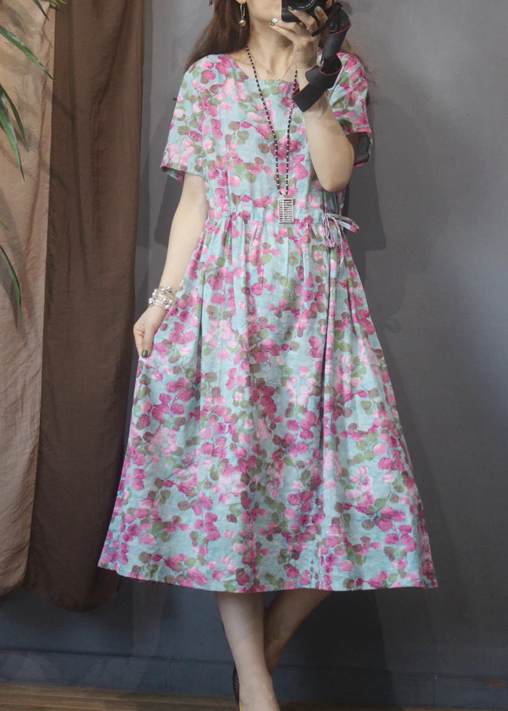 Style Blue O-Neck tie waist Print Linen Dress Short Sleeve - Image 2