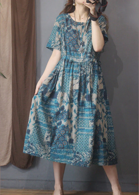 Style Blue O-Neck tie waist Print Linen Dress Short Sleeve - Image 3