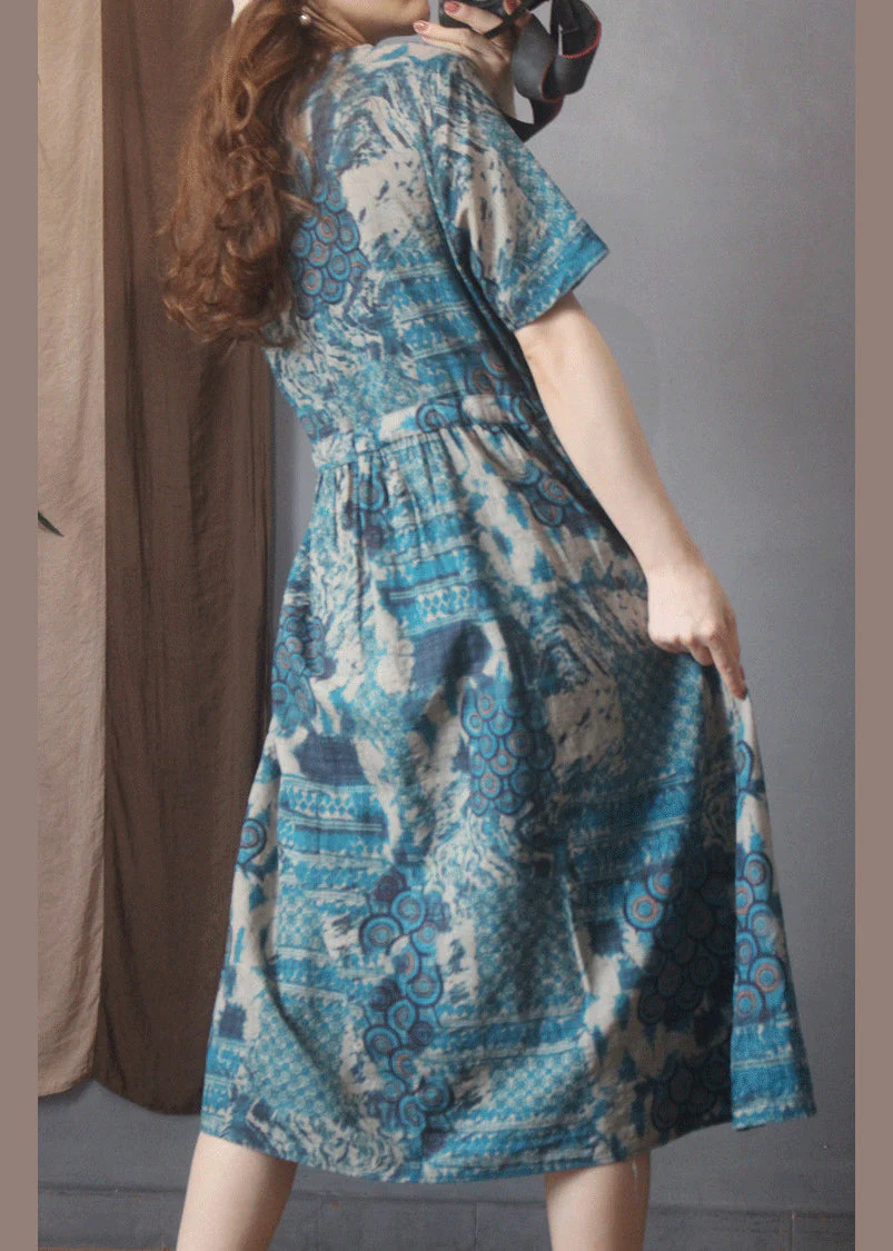 Style Blue O-Neck tie waist Print Linen Dress Short Sleeve - Image 4