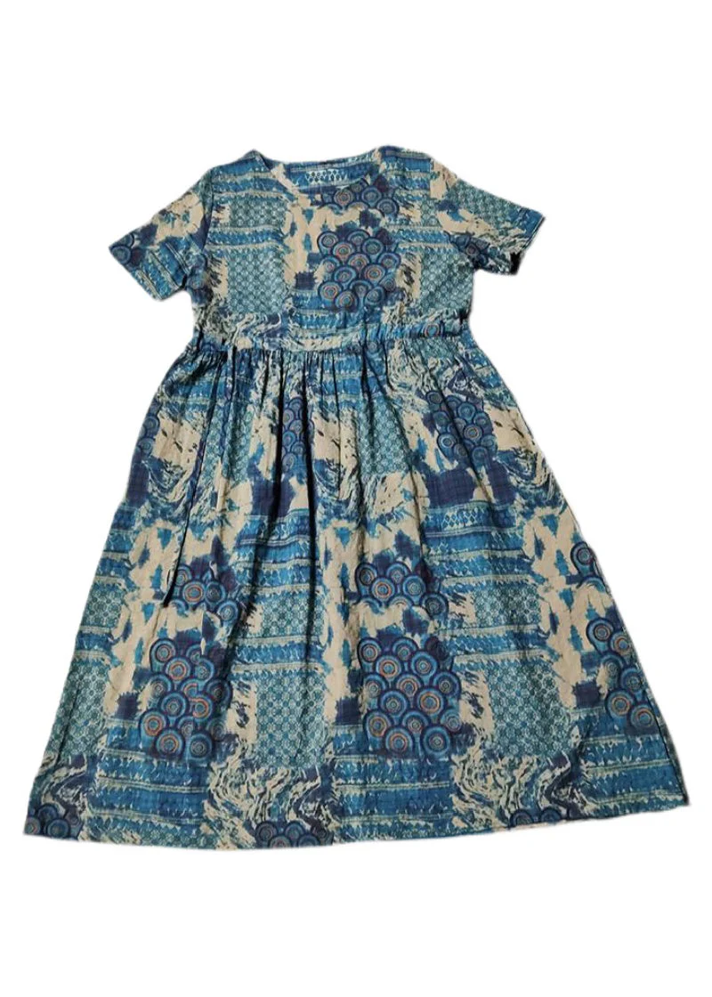 Style Blue O-Neck tie waist Print Linen Dress Short Sleeve - Image 5