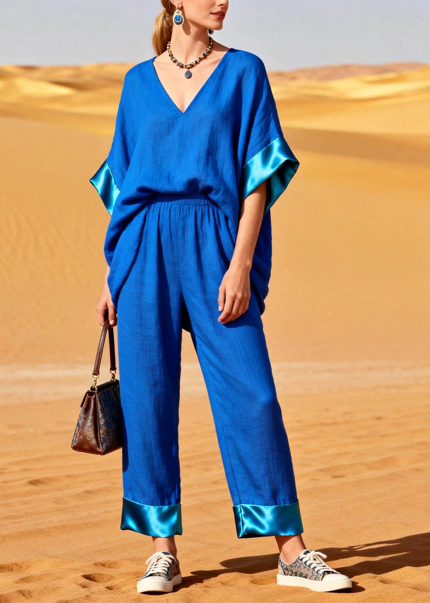 Style Blue Oversized Patchwork Cotton Two Piece Set Summer - Image 3