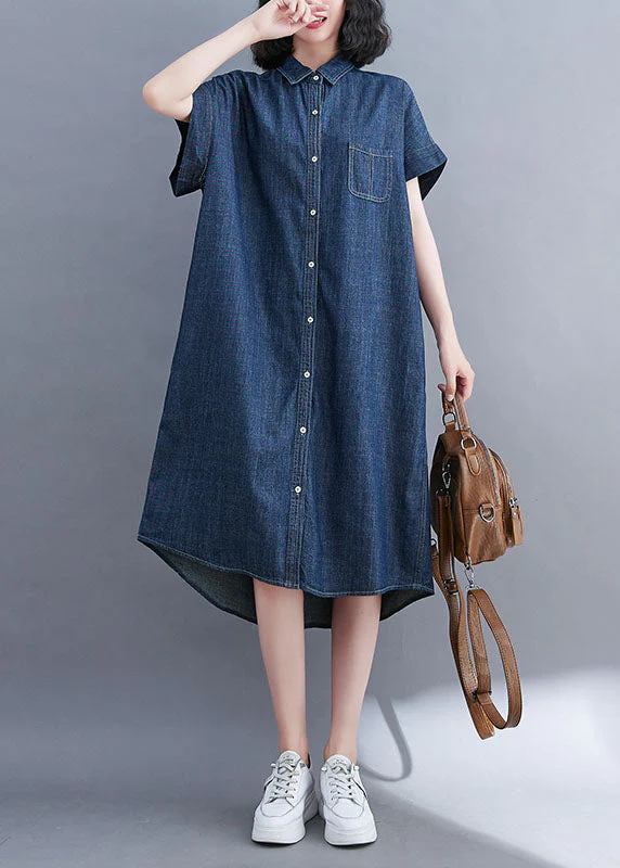 Style Blue Oversized Pocket Cotton Denim Shirt Dress Short Sleeve - Image 2
