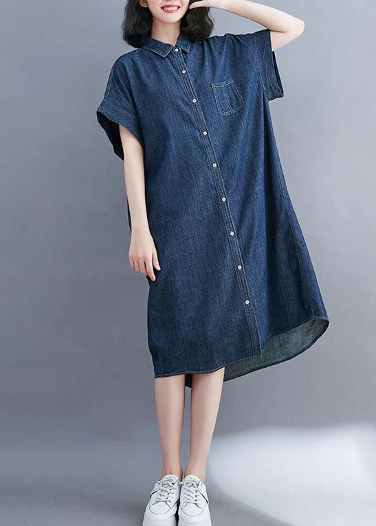 Style Blue Oversized Pocket Cotton Denim Shirt Dress Short Sleeve - Image 3
