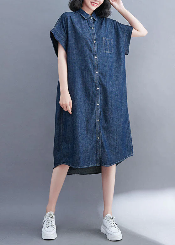 Style Blue Oversized Pocket Cotton Denim Shirt Dress Short Sleeve - Image 4