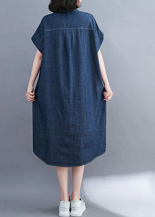 Style Blue Oversized Pocket Cotton Denim Shirt Dress Short Sleeve - Image 5