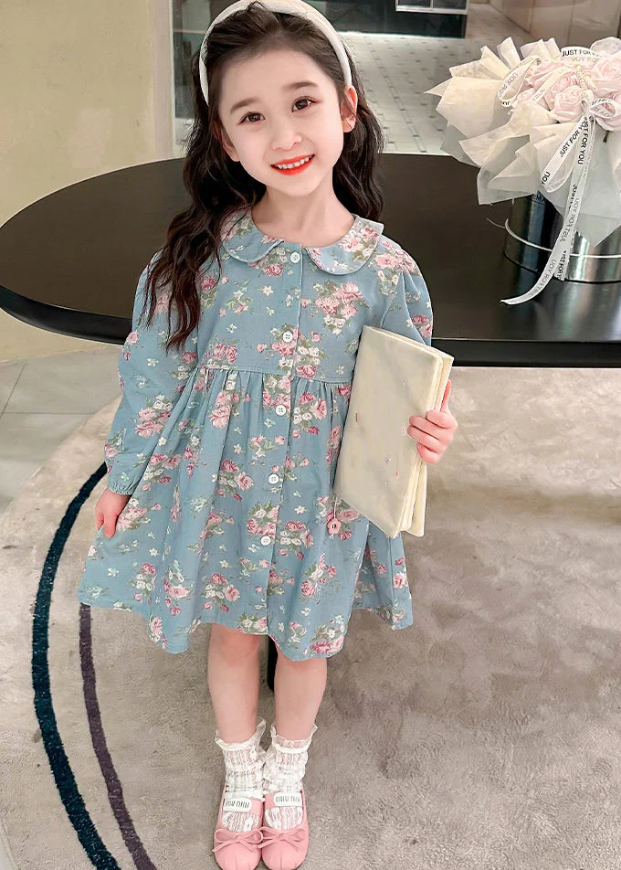 Style Blue Peter Pan Collar Patchwork Kids Maxi Dress Fall - Image 2