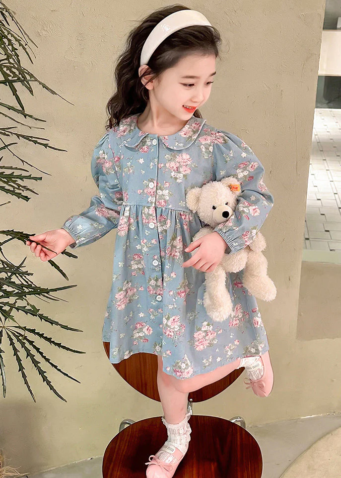 Style Blue Peter Pan Collar Patchwork Kids Maxi Dress Fall - Image 4