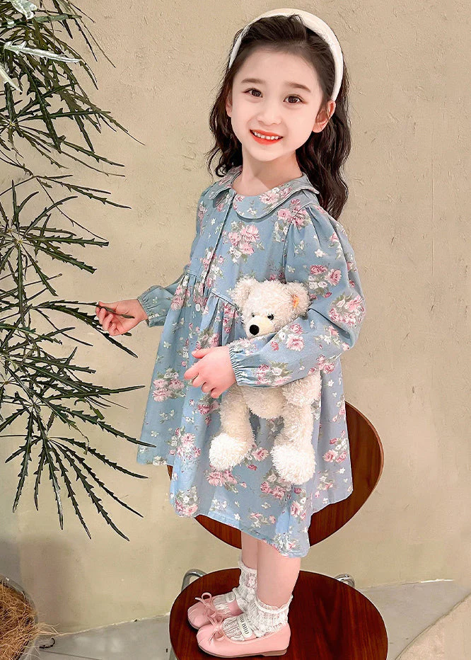 Style Blue Peter Pan Collar Patchwork Kids Maxi Dress Fall - Image 5