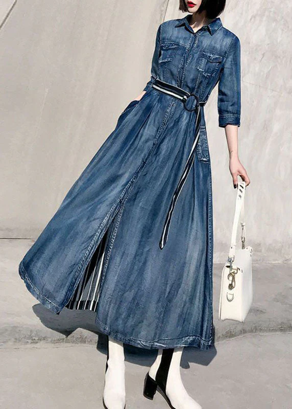 Style Blue Peter Pan Collar Patchwork Striped Denim Cinched Dress Spring - Image 3