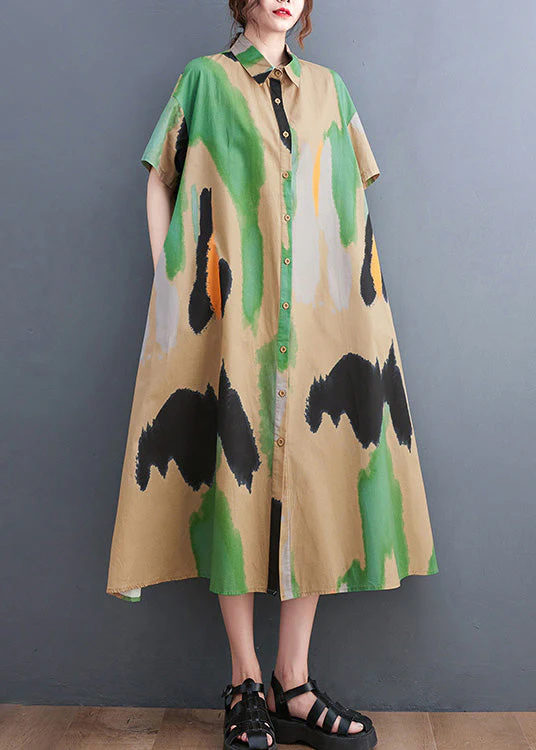 Style Blue Peter Pan Collar Print Button Long Dress Shirts Short Sleeve - Image 2