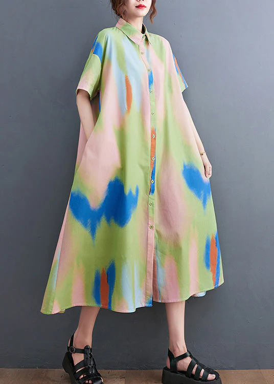 Style Blue Peter Pan Collar Print Button Long Dress Shirts Short Sleeve - Image 3