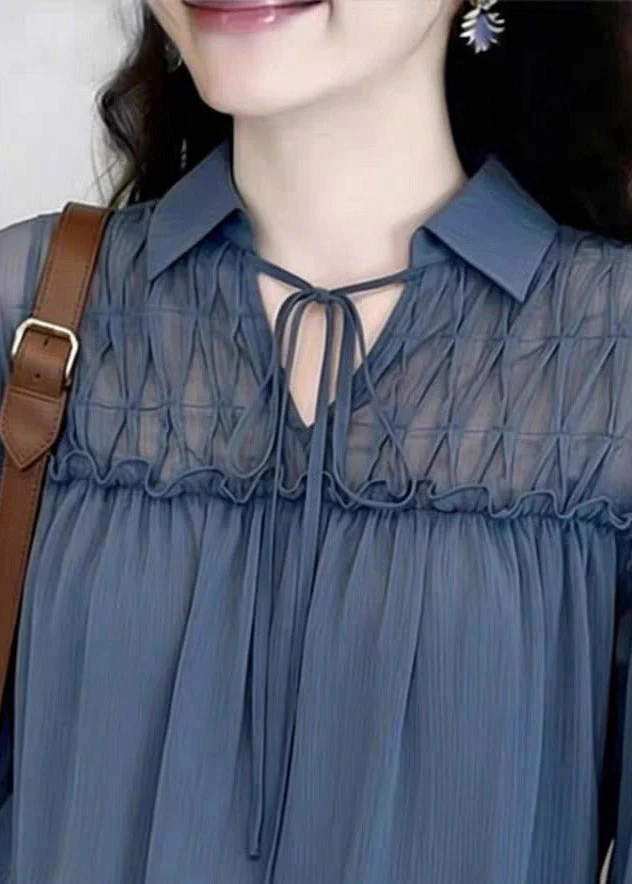 Style Blue Peter Pan Collar Ruffled Tie Lace Tops Flare Sleeve - Image 2