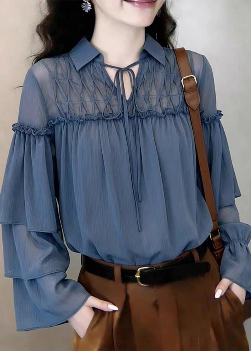 Style Blue Peter Pan Collar Ruffled Tie Lace Tops Flare Sleeve - Image 3