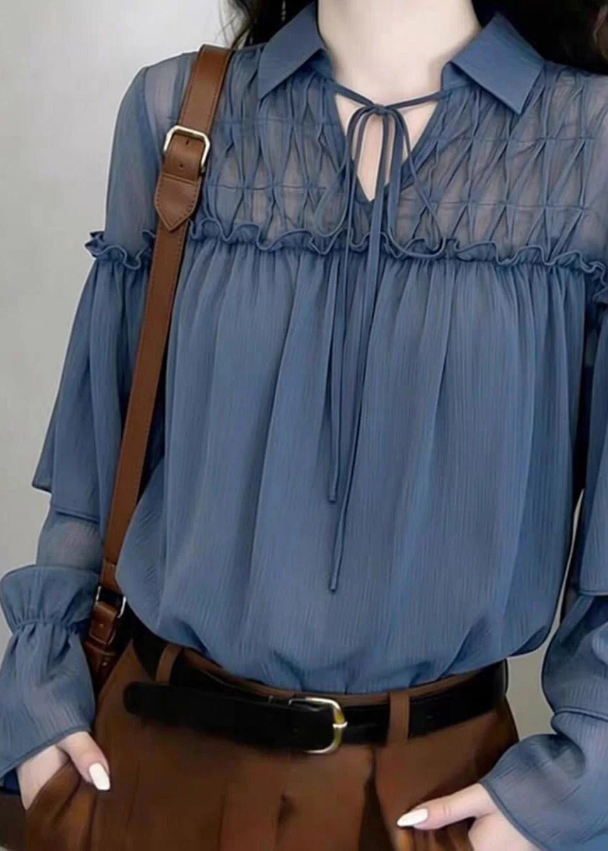 Style Blue Peter Pan Collar Ruffled Tie Lace Tops Flare Sleeve - Image 4