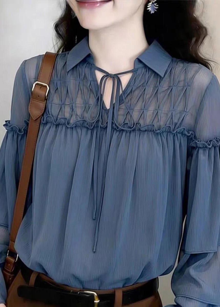 Style Blue Peter Pan Collar Ruffled Tie Lace Tops Flare Sleeve - Image 5