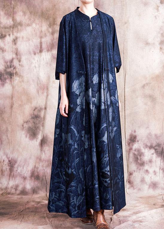 Style blue print cotton quilting dresses stand collar Chinese Button sleeveless Maxi fall Dress - Image 2