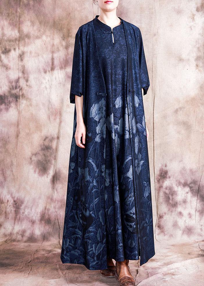 Style blue print cotton quilting dresses stand collar Chinese Button sleeveless Maxi fall Dress - Image 3