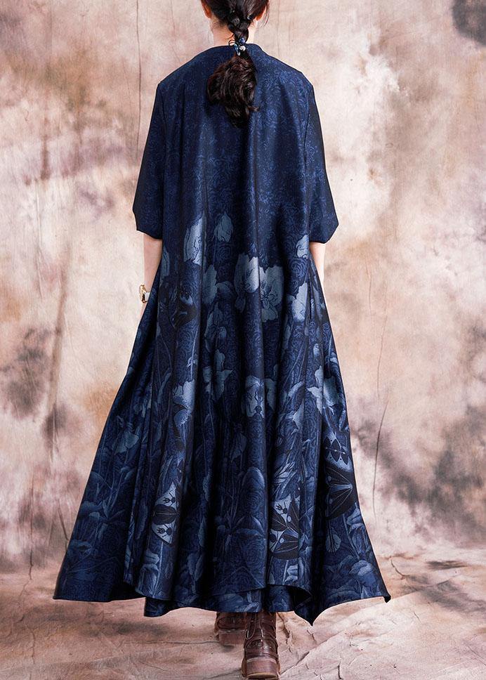 Style blue print cotton quilting dresses stand collar Chinese Button sleeveless Maxi fall Dress - Image 4
