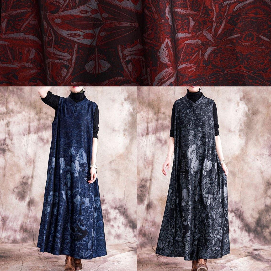 Style blue print cotton quilting dresses stand collar Chinese Button sleeveless Maxi fall Dress - Image 5