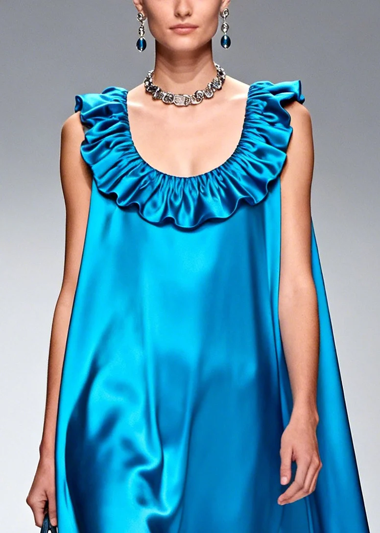 Style Blue Ruffled Floral Silk Robe Dresses Sleeveless - Image 2